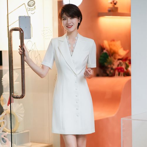 蒋菲菲白色西装连衣裙女夏新款职业装气质女神范修身蕾丝拼接裙子