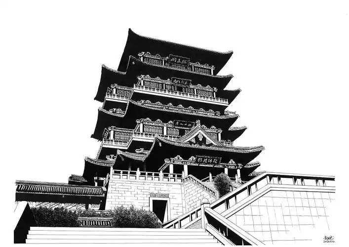 古建筑黑白涂鸦