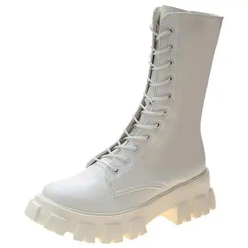 白色马丁靴女2021新款轻便绑带潮靴增高厚底中筒靴百搭圆头女靴子