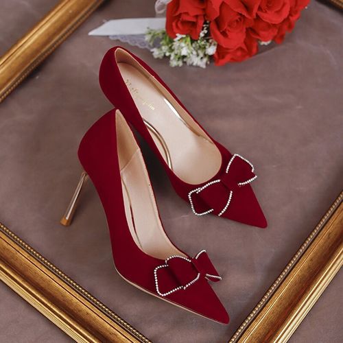 盛绾婚鞋女新娘鞋新款床上法式细跟秀禾婚纱两穿婚宴红色高跟鞋 酒