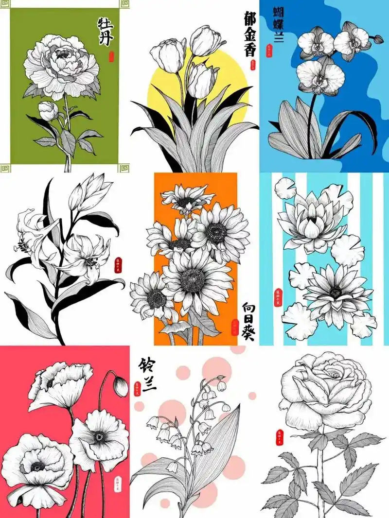 花卉线描一组#创意美术 #画画 #一起学画画 #儿童创意绘画 - 抖音