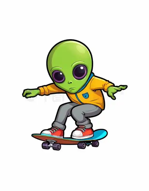 矢量可爱的外星人玩滑板平面矢量贴纸