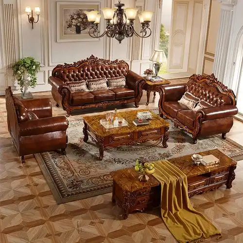 欧式真皮沙发 客厅别墅奢华实木家具头层牛皮 沙发茶几电视柜组合