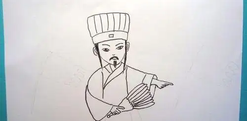 步骤02:用铅笔在白纸上画出q版聪明的诸葛亮的草稿,用黑色的彩色笔画