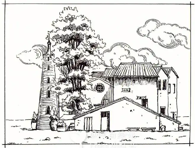 手绘风景速写建筑速写内附过程图