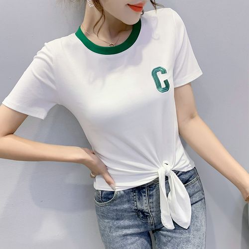 下摆打结t恤女短袖夏小众设计感系带上衣高腰短款不规则体恤半袖