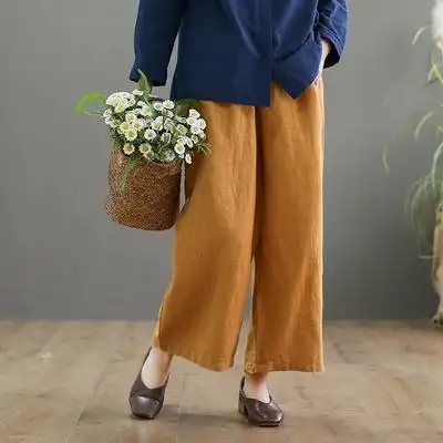 代勒原创棉麻阔腿裤女2019春装新品休闲裤复古文艺宽松九分直筒裤