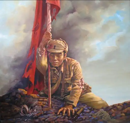 1988年,全军举办放影员书画展,靳军的一幅取材于对越自卫还击战的油画