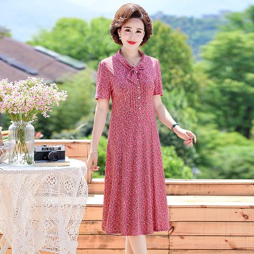 c妈妈夏装连衣裙40岁50洋气中年女装夏季短碎花中长款加大码袖裙