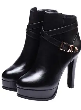 粗跟短靴女10cm超高跟鞋2022秋冬新款防水台厚底时尚真皮马丁裸靴