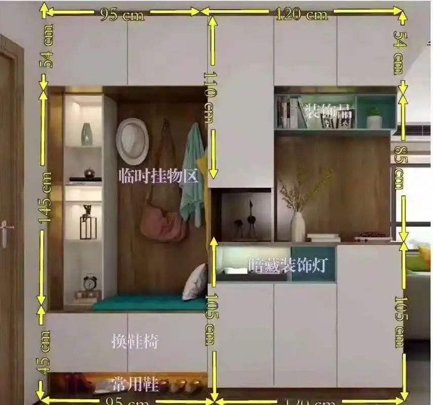 一,入户鞋柜的设计方案尺寸下面的图是1个标准的进门玄关鞋柜设计图