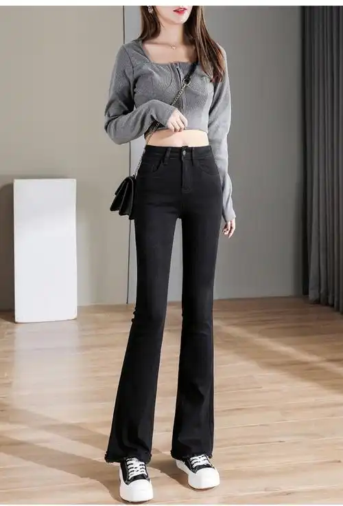 拉夏贝尔homme黑色微喇叭155牛仔裤女高腰百搭九分裤修身长裤女士裤子