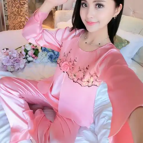 睡衣女士长袖冰丝绸韩版秋季两件套装春秋夏季性感薄款家居服女秋粉红