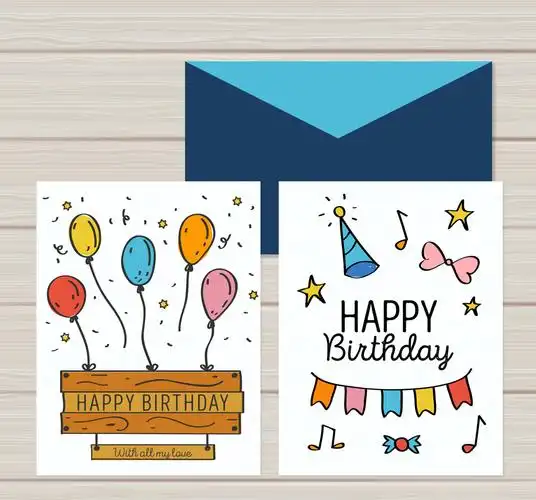 彩绘生日贺卡正反面和信封矢量图