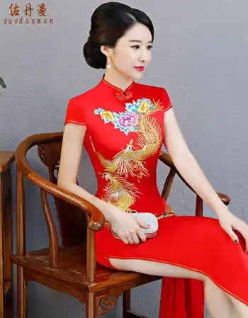 佐丹曼 2018新款手推绣凤凰红色绸缎长款短袖开叉新娘旗袍结婚敬酒服