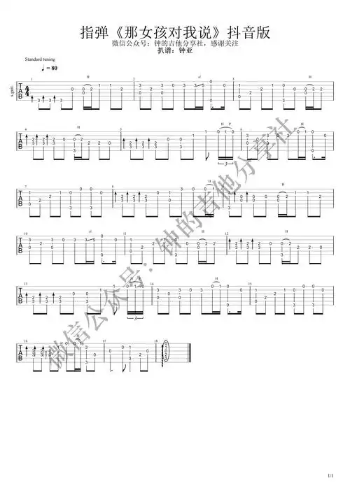 《那女孩对我说吉他谱》_黄义达_抖音版_吉他图片谱1张