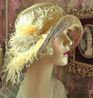 海外代购 欧式复古女礼帽子1920s vintage 金刺绣 羽毛 钟形女帽