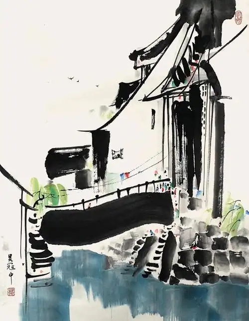 吴冠中小桥流水人家立轴纸本