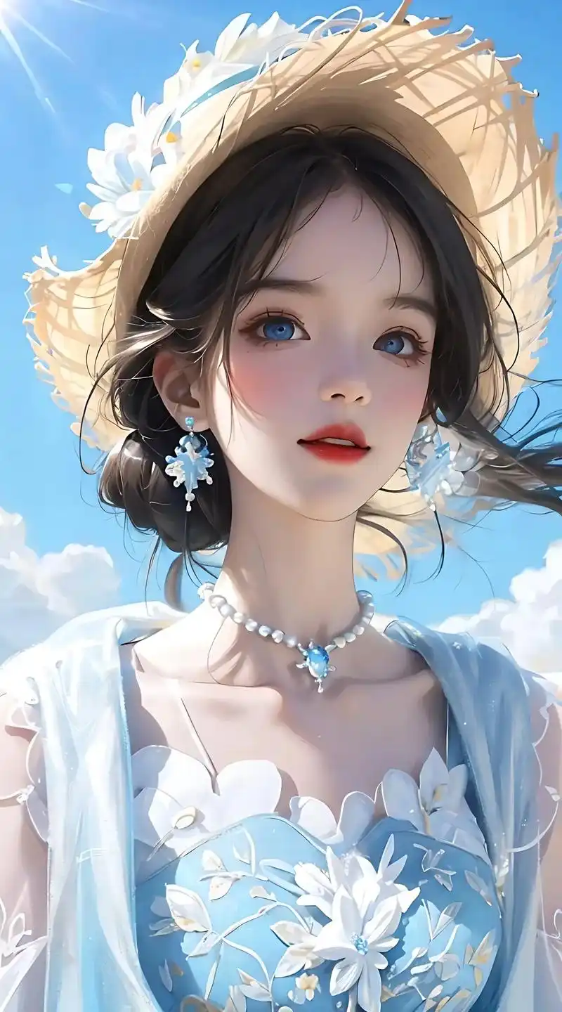 白色背景#蓝色天空,蓝天白云#阳光照耀着雪白的沙滩#漫画女孩 - 抖音