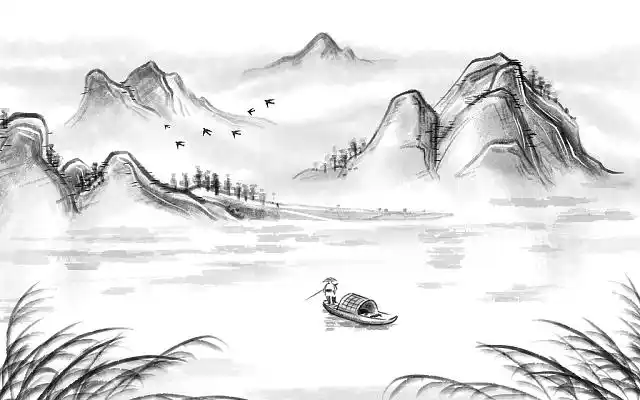 中国风唯美山水风景古风山水插画黑白水墨国画风景psd素材古风中国风