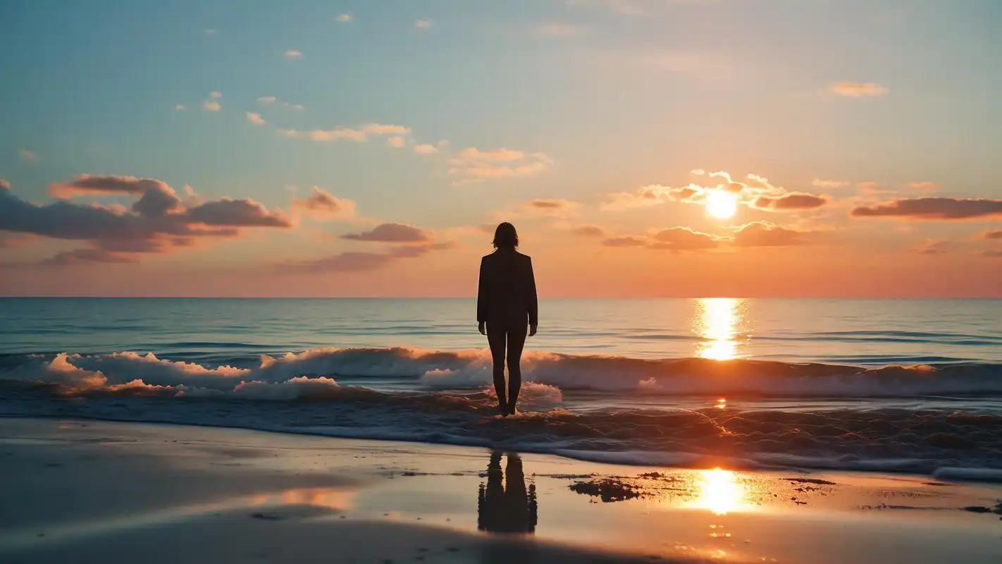 孤独与海的对话9894 在浩瀚的大海前,一个人静静地站立,仿佛在