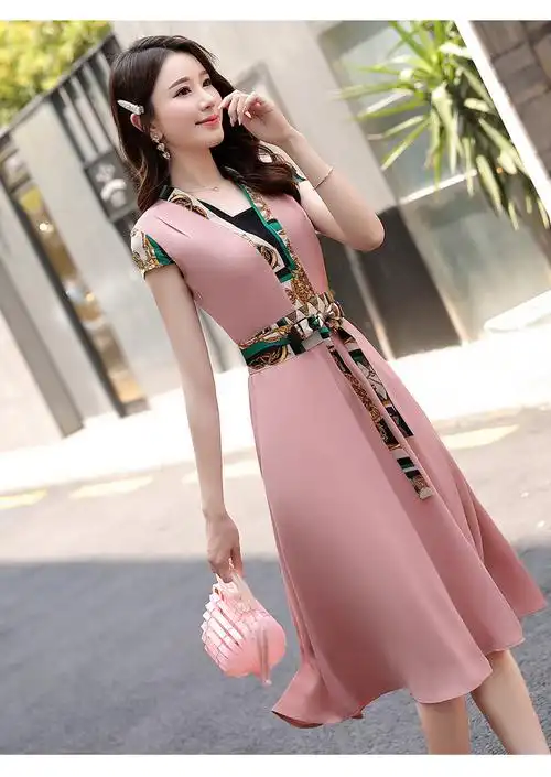 少妇女优雅气质连衣裙雪纺连衣裙夏女时尚气质洋气减龄中长款女士裙子