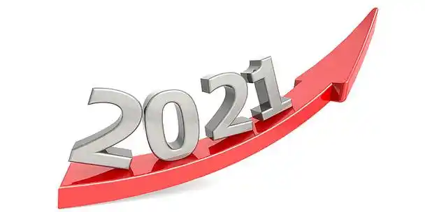 2021 年红色增长箭头,3d 渲染