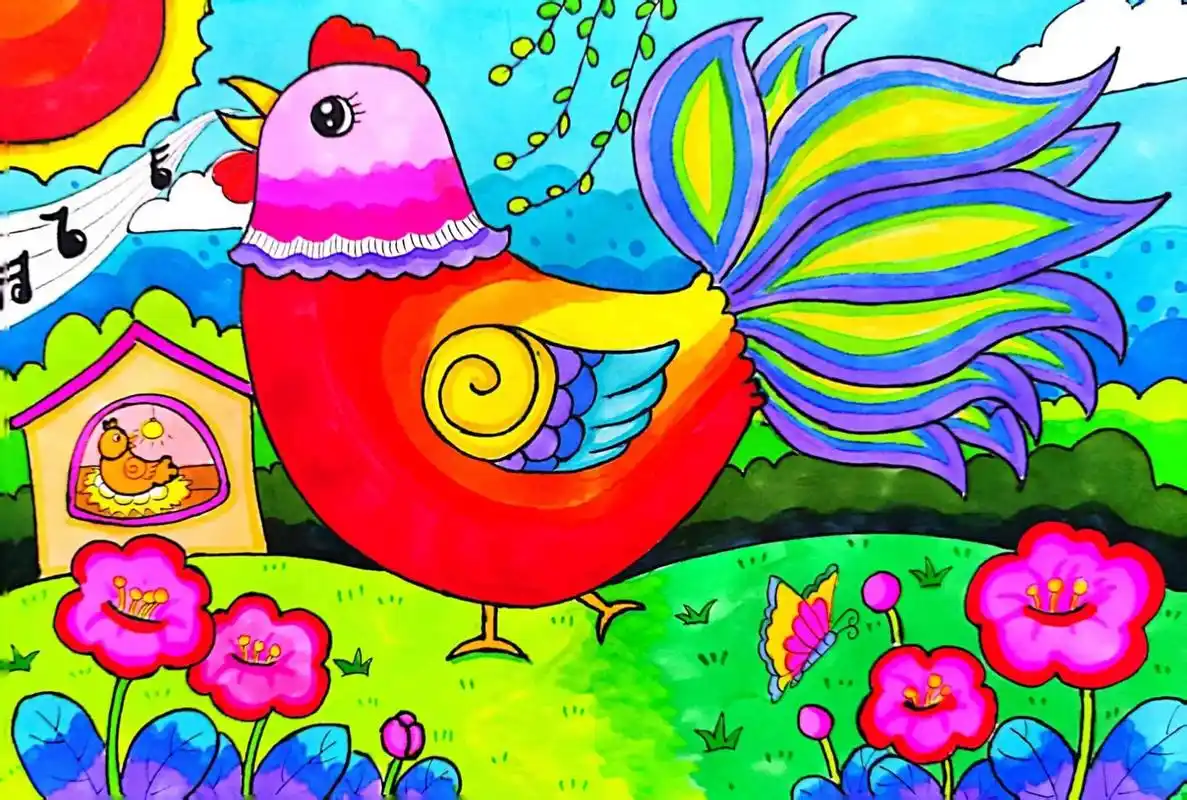 7-8岁马克笔儿童画《美丽的大公鸡》 同款课件作品左下方链接购买即可