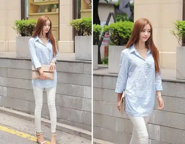 越是简约的搭配越时髦,淡蓝色衬衫搭配白色小脚裤,漂亮又大气_部分