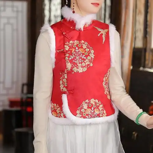 唐装女冬棉袄中式马甲棉背心外穿复古中国风棉服短款过年旗袍小袄