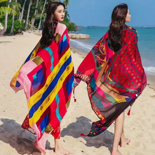 丝巾女夏季防晒披肩外搭百搭纱巾披风围巾两用超大海边沙滩巾长款