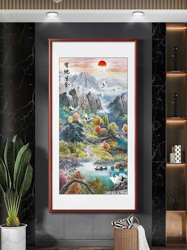 聚宝盆山水画挂画进门玄关画竖版八方来财装饰走廊过道壁画办网红