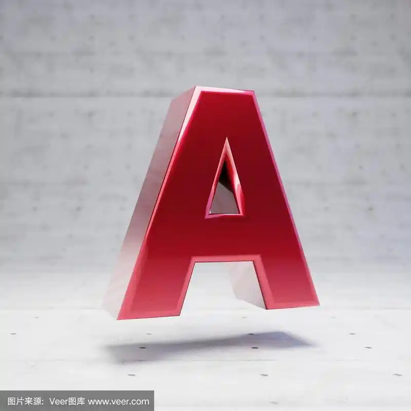 红色大写字母a,金属红色,在混凝土背景上分离.