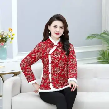 女士唐装小棉袄冬款中国风冬装网红棉袄夹棉保暖女装春秋复古 小红花