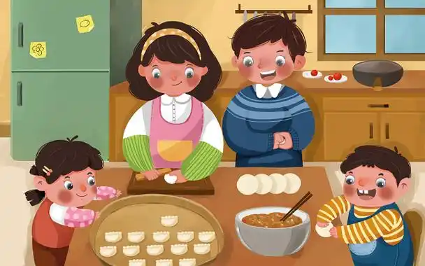 手绘卡通春节习俗包饺子原创插画海报春节春节习俗