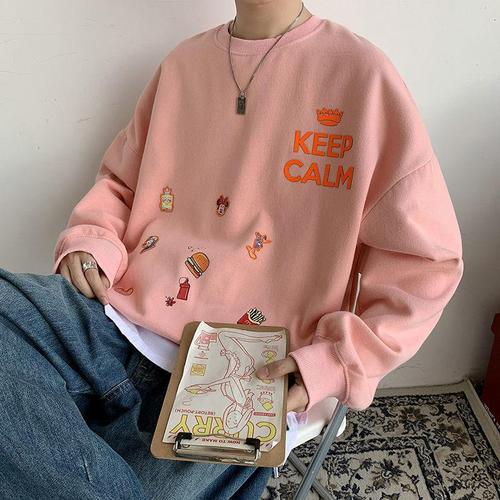 粉红色奶系卫衣男潮流帅气宽松立体印花港风轻欧美外套内搭情侣装