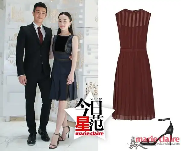 秋冬系列黑色拼接透视连衣裙的霍思燕,脚踩黑色亮片一字带高跟凉鞋,整