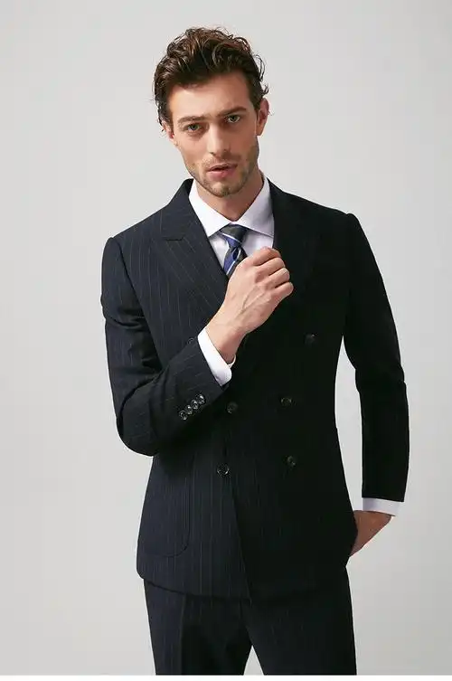 guillaume de mon纯羊毛西服套装男双排扣藏青条纹修身西装商务正装