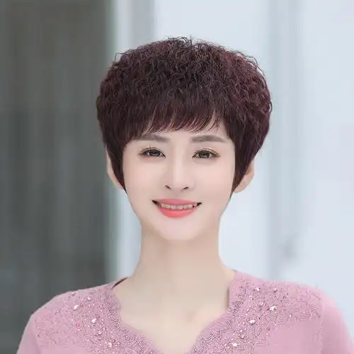 假发女短发时尚玉米烫短卷发全头套女士中老年妈妈真人发头套
