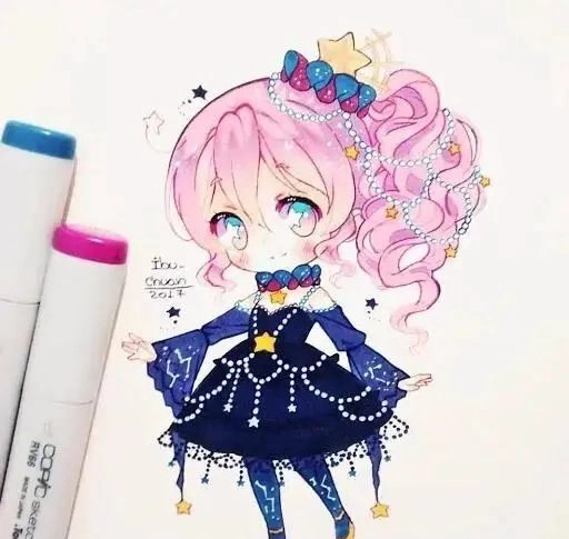 【马克笔插画】q版甜美动漫少女手绘素材