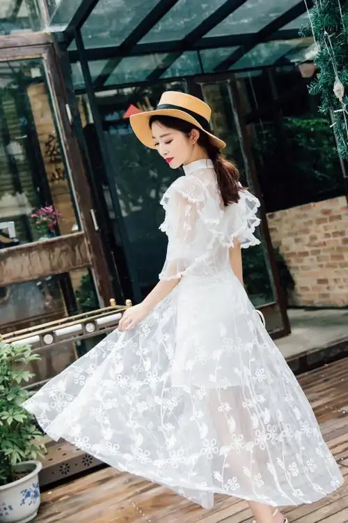 范冰冰同款白色蕾丝连衣裙网纱长裙海边度假沙滩宴会年会礼服仙女