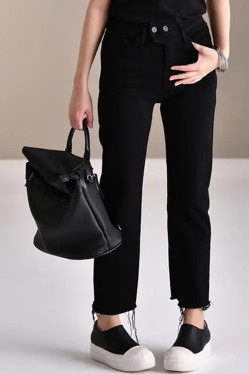 米兰宣言n9061c黑色弹力显瘦毛边直筒牛仔裤女简约百搭休闲九分裤