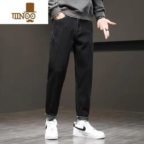 yanxu黑色牛仔裤男士款宽松直筒男生休闲薄款弹力新款夏季裤子男款