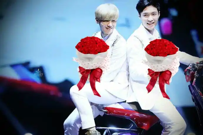 我想要鹿晗和张艺兴穿白衣服抱红花的图片