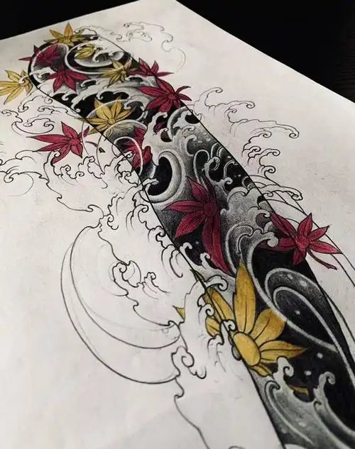 水浪枫叶纹身图片_手臂纹身图案