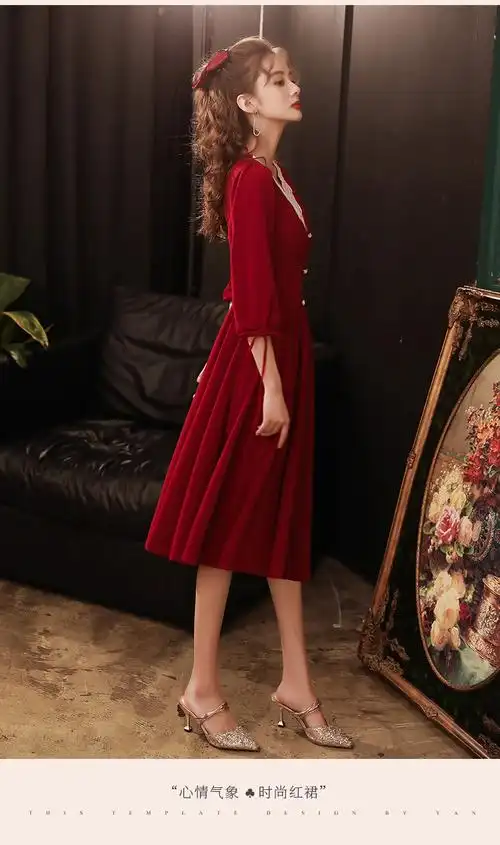 敬酒服新娘酒红色连衣裙伴娘平时可穿订婚结婚衣服小个子晚礼服女 酒