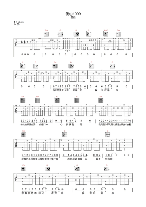 伤心1999吉他谱-王杰-g调原版编配-吉他弹唱六线谱-简谱网