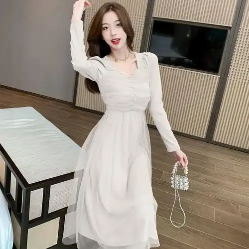 优雅针织网纱拼接连衣裙2021秋冬新款 女内搭纱裙 - 女装/女士精品