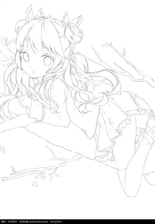 趴着的女孩卡通手绘线稿