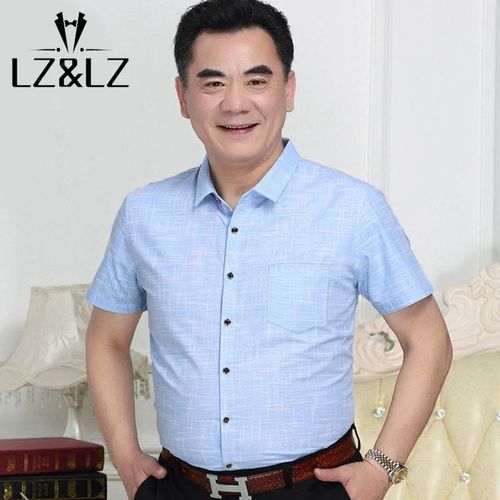 lz&lz夏季衣服男士短袖衬衫中年新款大码格子真高档爸爸纯棉寸衫